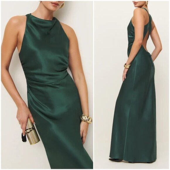 NEW Reformation Anaiis Long Silk Dress Forest Dark Green | US 4 UK 8 - Picture 1 of 14